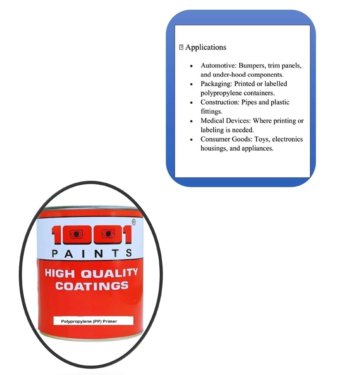 1001 Polypropylene (PP) Primer I Plastic Primer I To promote Adhesion on multiplastic surfaces Like helmet, bumper and other acrylic & fiber parts - 1 Ltr.