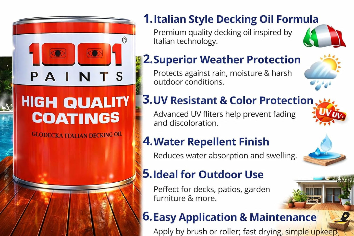 1001 Glodecka Italian Decking Oil St | Premium Wood Protection Oil | UV & Water Resistant | For Outdoor Wooden Decks, Floors & Furniture, Long-Lasting for Hardwood Surfaces - 1 Ltr