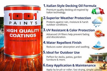 1001 Glodecka Italian Decking Oil St | Premium Wood Protection Oil | UV & Water Resistant | For Outdoor Wooden Decks, Floors & Furniture, Long-Lasting for Hardwood Surfaces - 1 Ltr