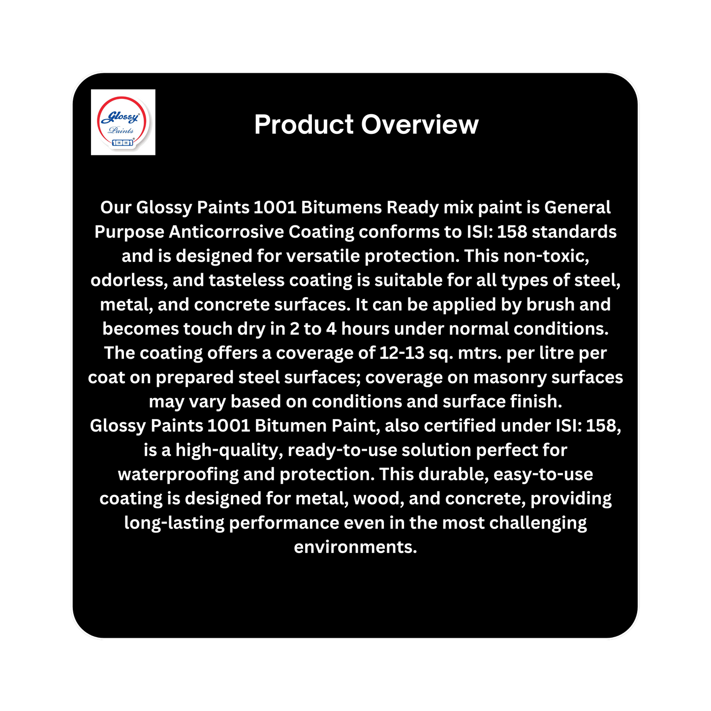 1001 Ready Mixed Paint, RMP Brushing Bituminous, Black, Lead Free, Acid Alkali and Heat Resisting ST - IS 158 Super AF