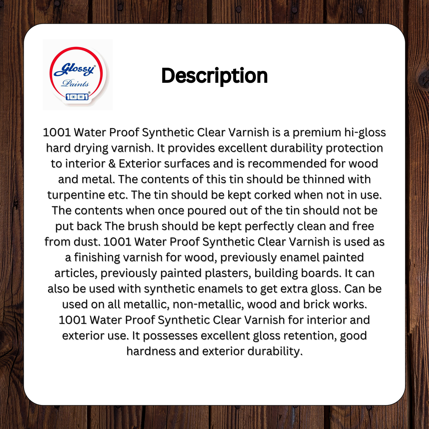 1001 Waterproof Synthetic Clear Varnish - Super Gloss