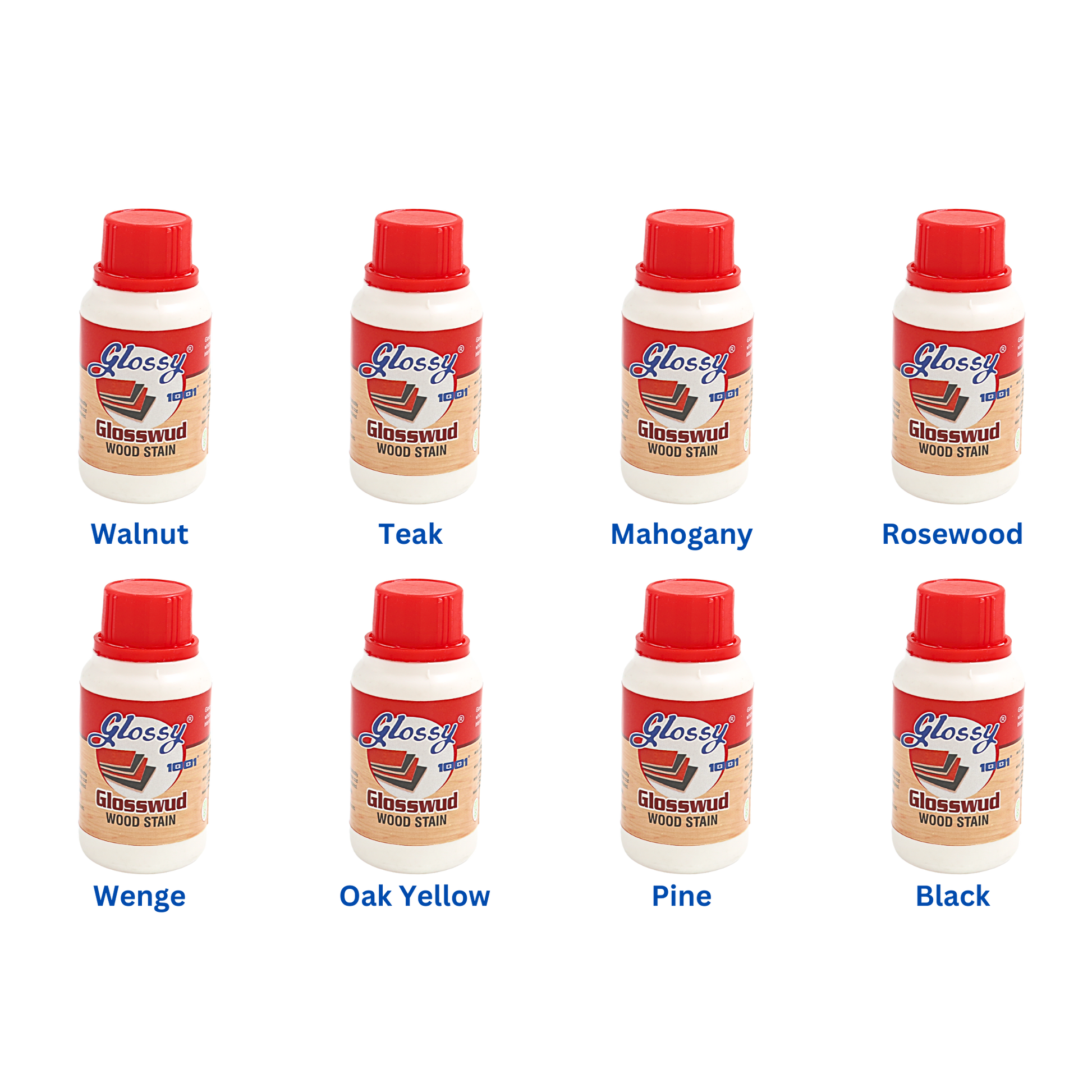 Set of Glossy 1001 wood wood stain bottles in various colors with red caps on a white background.