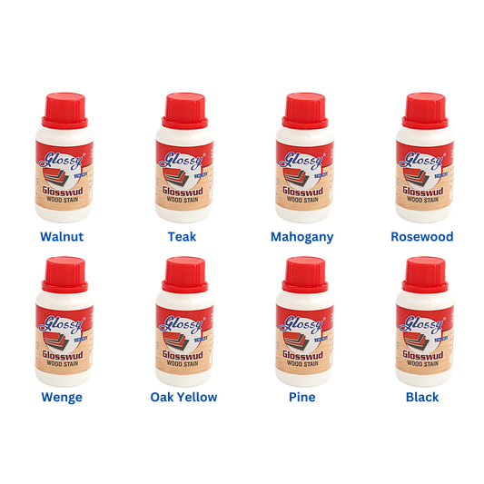 Set of Glossy 1001 wood wood stain bottles in various colors with red caps on a white background.