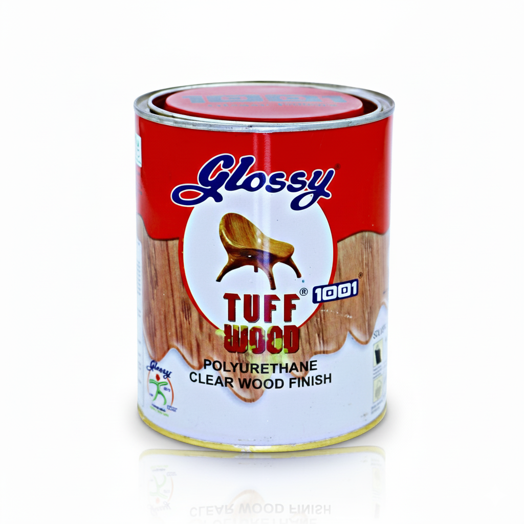 Can of Glossy Tuff Wood polyurethane clear wood finish on a white background
