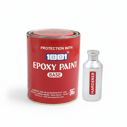 Red can of epoxy paint with a bottle labeled 'Hardener' on a white background