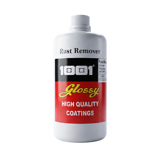 Bottle of 1001 Rust Remover with a glossy finish on a light gray background